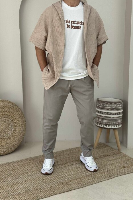 HOODED SHORT SLEEVES MEN SHIRT BEIGE/BEZHE - KLAUDIO FASHION