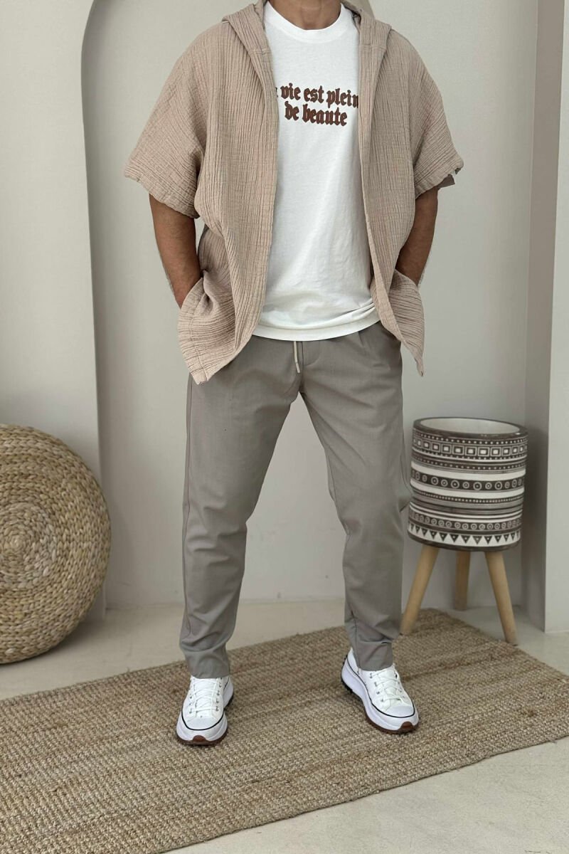 HOODED SHORT SLEEVES MEN SHIRT BEIGE/BEZHE - 1