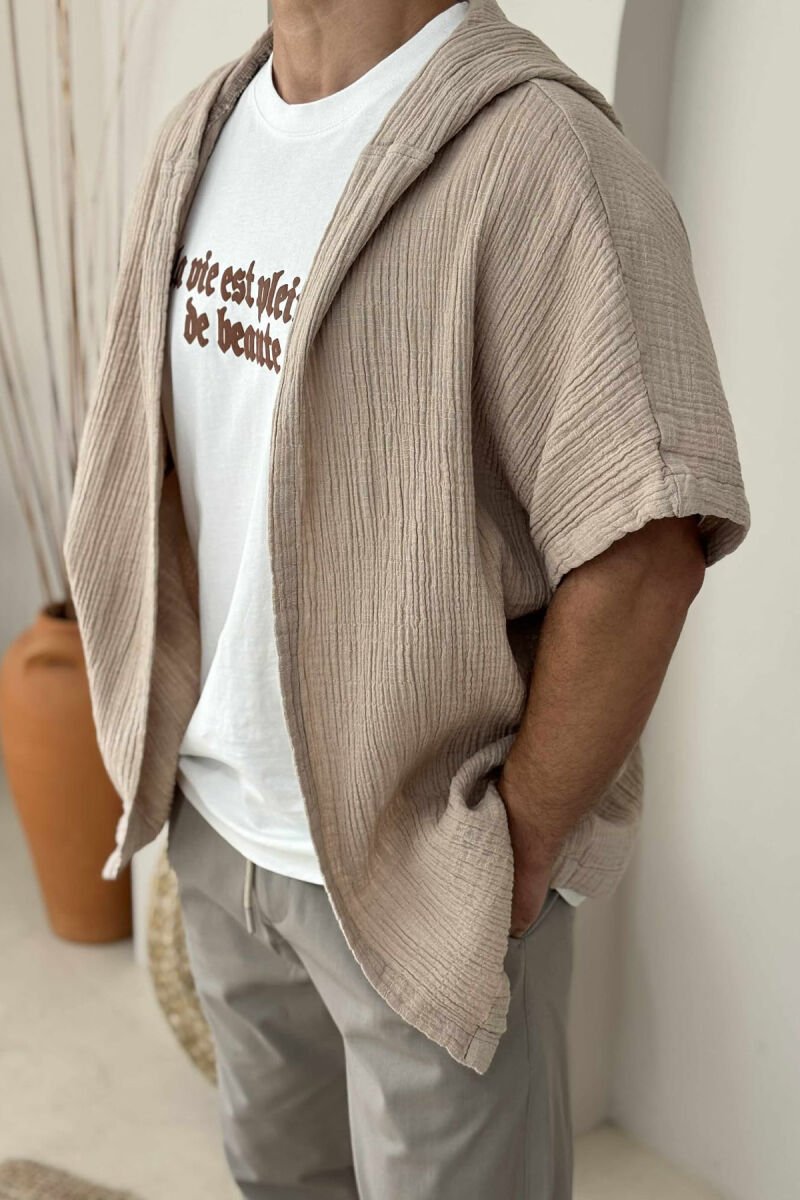 HOODED SHORT SLEEVES MEN SHIRT BEIGE/BEZHE - 2