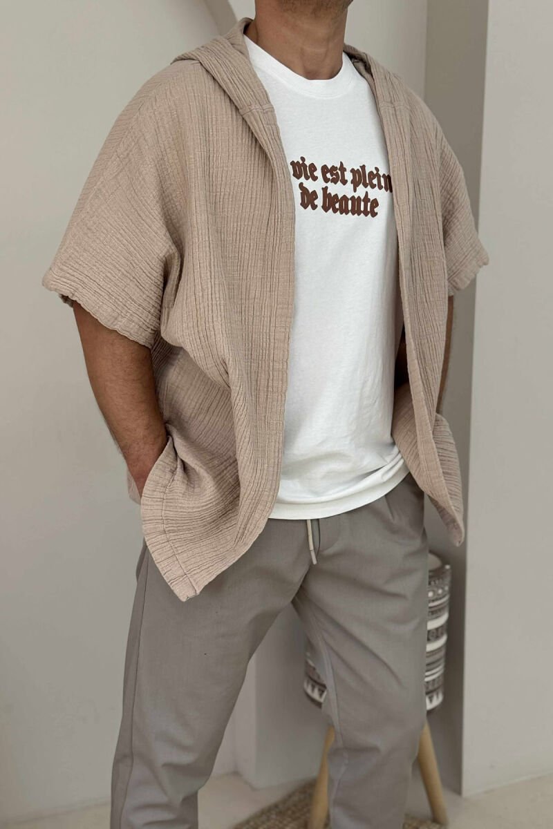 HOODED SHORT SLEEVES MEN SHIRT BEIGE/BEZHE - 4
