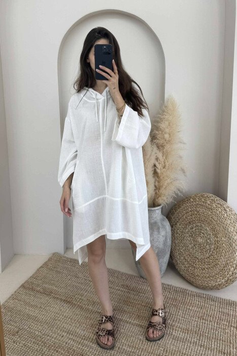 HOODED SIMPLE WOMEN DRESS WHITE-E BARDHE - KLAUDIO FASHION