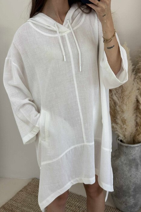 HOODED SIMPLE WOMEN DRESS WHITE-E BARDHE - 5