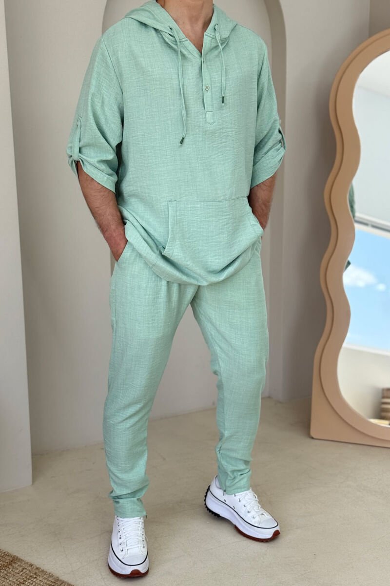 HOODED T-SHIRT+PANTS ONE COLOR MEN SET MINT/MENTE - 1