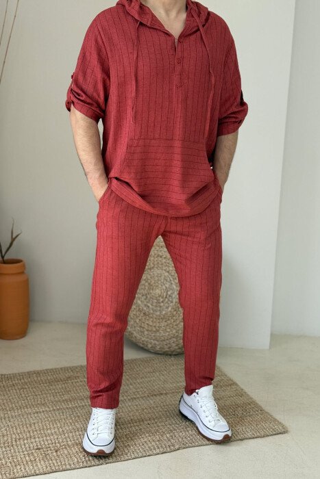 HOODED T-SHIRT+PANTS STRIPES MEN SET BRICK/TULLE - KLAUDIO FASHION