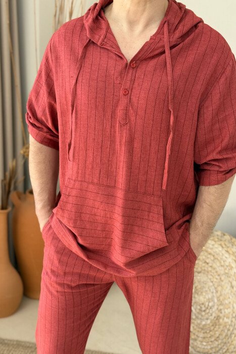 HOODED T-SHIRT+PANTS STRIPES MEN SET BRICK/TULLE - 4