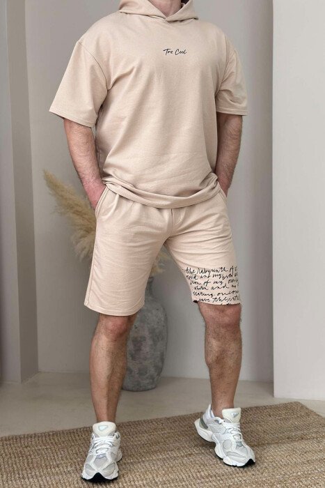 HOODED T-SHIRT+SHORT SWEATPANTS MEN SET BLACK-BEIGE/ZEBE 