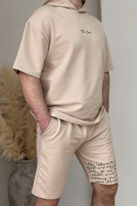 HOODED T-SHIRT+SHORT SWEATPANTS MEN SET BLACK-BEIGE/ZEBE - 3