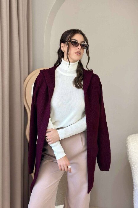 HOODED WOMEN CARDIGAN WITH POCKETS BURGUNDY/VISHNJE - 1