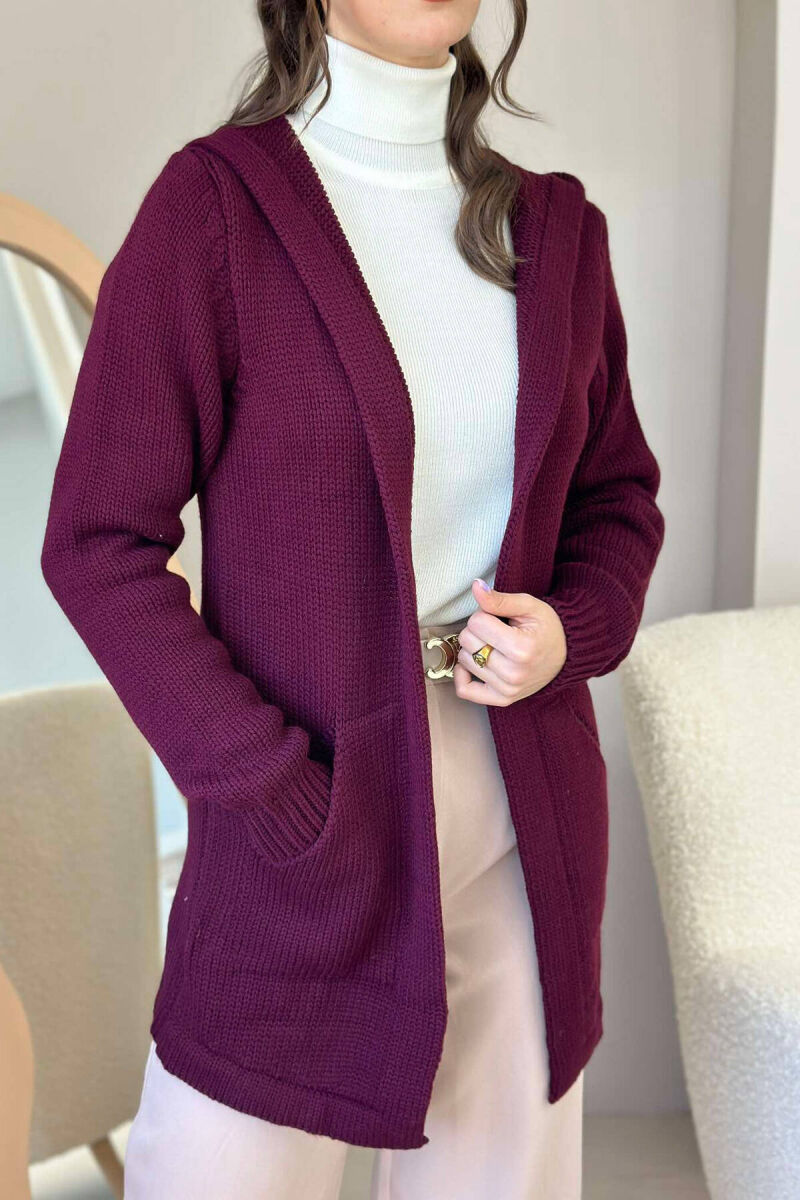 HOODED WOMEN CARDIGAN WITH POCKETS BURGUNDY/VISHNJE - 2