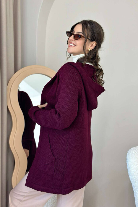 HOODED WOMEN CARDIGAN WITH POCKETS BURGUNDY/VISHNJE - 3