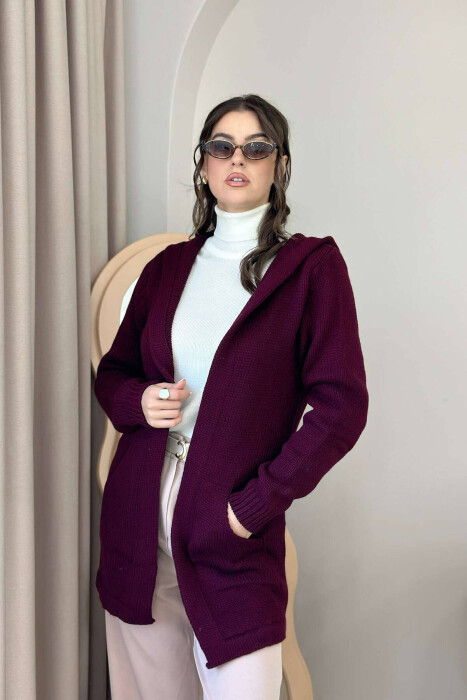 HOODED WOMEN CARDIGAN WITH POCKETS BURGUNDY/VISHNJE - 5