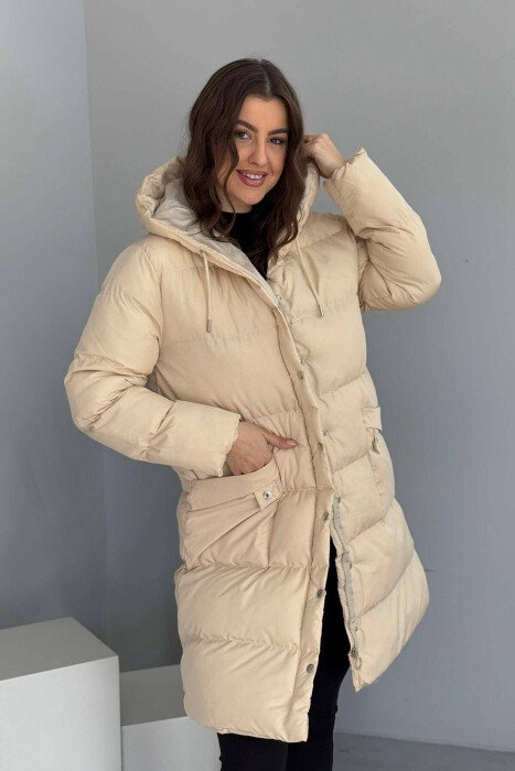 HOODED WOMEN PUFFER JACKET CREAM/KREM - KLAUDIO FASHION