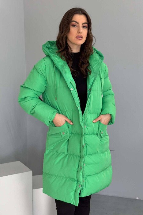 HOODED WOMEN PUFFER JACKET LIGHT GREEN/JEZB - KLAUDIO FASHION