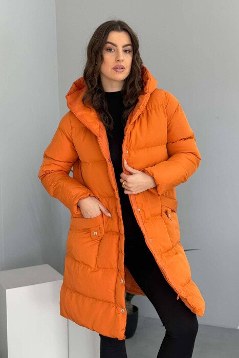 HOODED WOMEN PUFFER JACKET ORANGE/PORTOKALLI - KLAUDIO FASHION