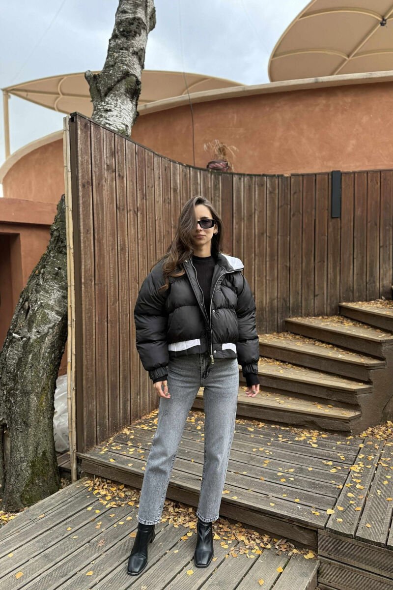 HOODED ZIPPER CROPPED WOMEN PUFFER JACKET BLACK/ E ZEZE - 1
