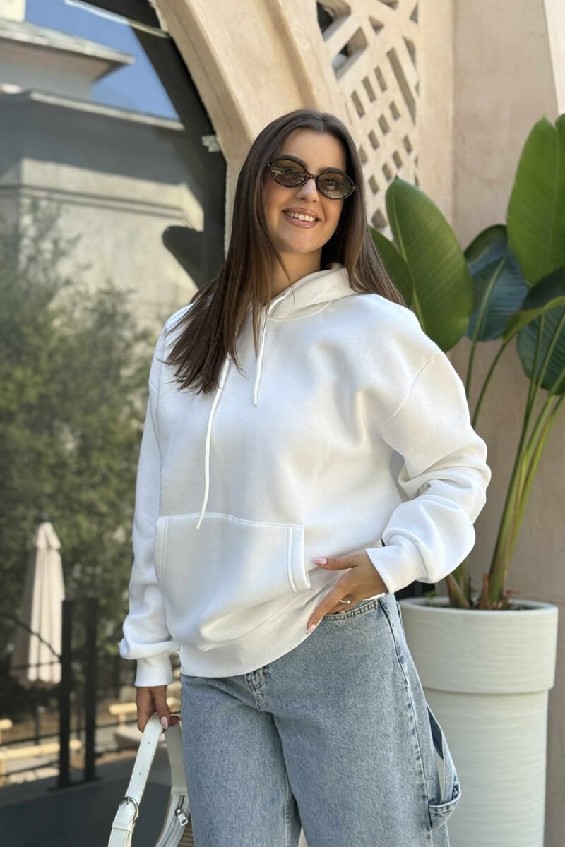 HOODIE E THJESHTË NJË NGJYRËSHE ME PUSH PËR FEMRA NË NGJYRË TË BARDHË - 2