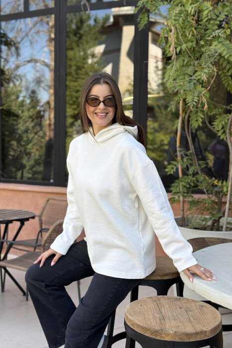 HOODIE E THJESHTË NJË NGJYRËSHE ME PUSH PËR FEMRA NË NGJYRË TË BARDHË - 3