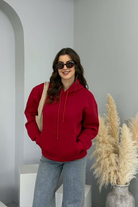 HOODIE E THJESHTE NJË NGJYRESHE ME PUSH PER FEMRA NË NGJYRE VISHNJE - 1