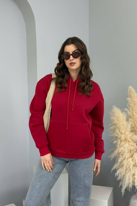 HOODIE E THJESHTE NJË NGJYRESHE ME PUSH PER FEMRA NË NGJYRE VISHNJE - 5