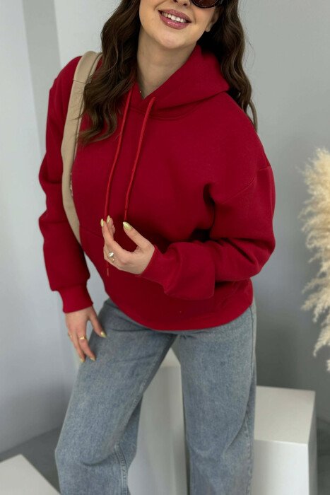 HOODIE E THJESHTE NJË NGJYRESHE ME PUSH PER FEMRA NË NGJYRE VISHNJE - 6