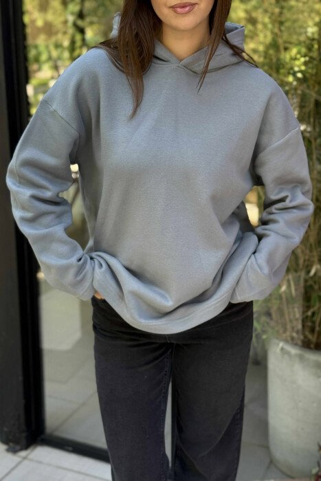 HOODIE E THJESHTË NJË NGJYRËSHE ME PUSH PËR FEMRA NË NGJYRËN GRI - 3