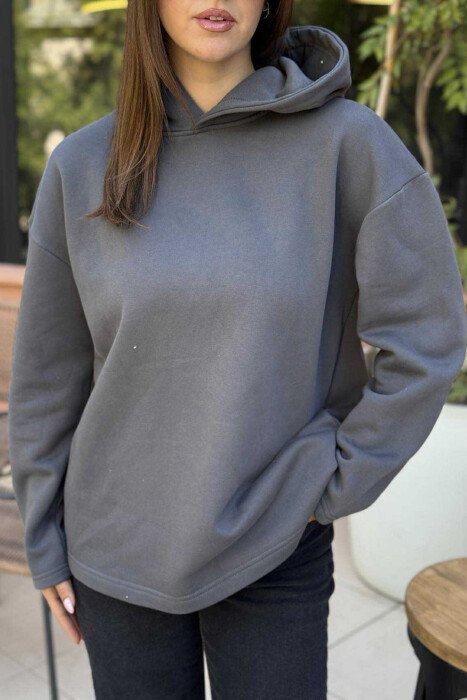 HOODIE E THJESHTË NJË NGJYRËSHE ME PUSH PËR FEMRA NË NGJYRËN GRI TË ERRËT - 4