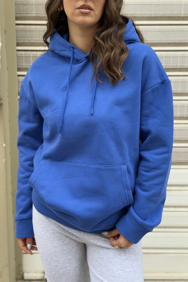 HOODIE E THJESHTË NJËNGJYRËSHE ME PUSH PËR FEMRA NË NGJYRË BLU - 4