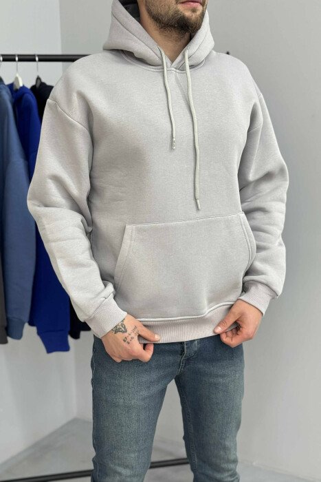 HOODIE E THJESHTË NJËNGJYRËSHE ME PUSH PËR MESHKUJ NË NGJYRËN GRI - 3