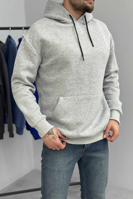 HOODIE E THJESHTË NJËNGJYRËSHE ME PUSH PËR MESHKUJ NË NGJYRËN GRI TË ZBARDHUR - 5
