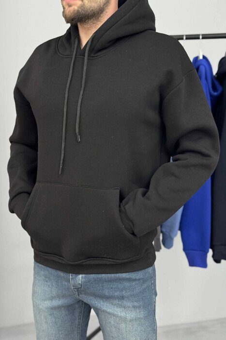 HOODIE E THJESHTË NJËNGJYRËSHE ME PUSH PËR MESHKUJ NË NGJYRËN TË ZEZË - 2