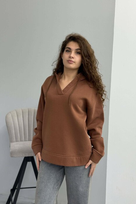 HOODIE E THJESHTË PËR FEMRA NË NGJYRËN KAFE - 3
