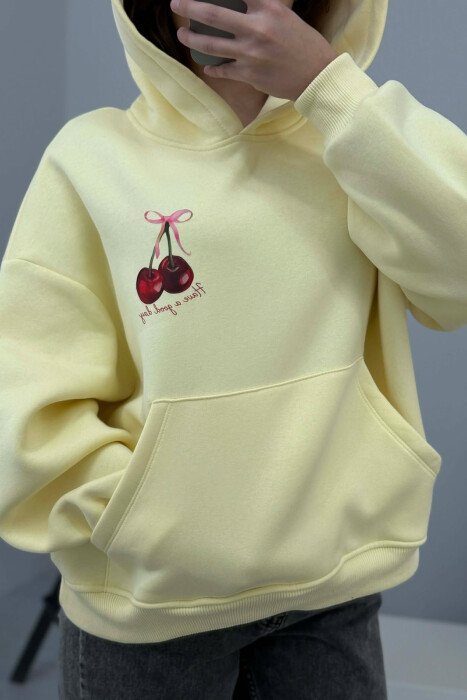 HOODIE ME DIZAJN ME QERSHI NË PJESËN PARA&MBRAPA PËR FEMRA NË NGJYRË TË VERDHË - 4