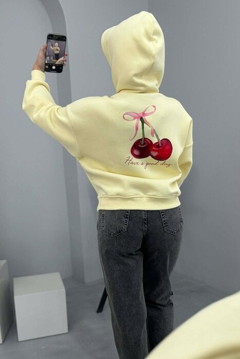 HOODIE ME DIZAJN ME QERSHI NË PJESËN PARA&MBRAPA PËR FEMRA NË NGJYRË TË VERDHË - 5