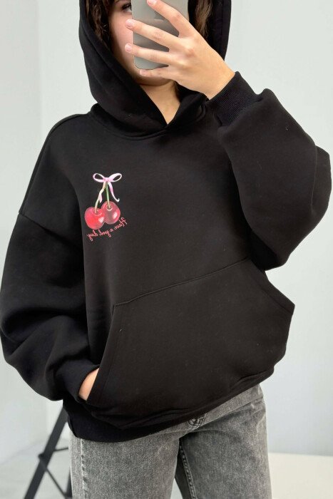 HOODIE ME DIZAJN ME QERSHI NË PJESËN PARA&MBRAPA PËR FEMRA NË NGJYRË TË ZEZË - 4