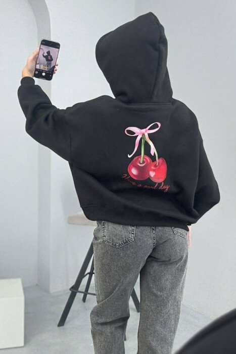 HOODIE ME DIZAJN ME QERSHI NË PJESËN PARA&MBRAPA PËR FEMRA NË NGJYRË TË ZEZË - 5