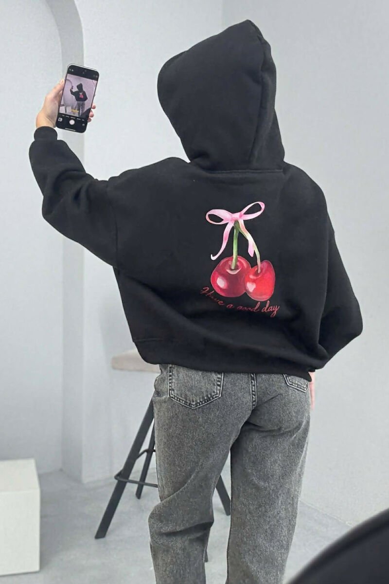 HOODIE ME DIZAJN ME QERSHI NË PJESËN PARA&MBRAPA PËR FEMRA NË NGJYRË TË ZEZË - 5