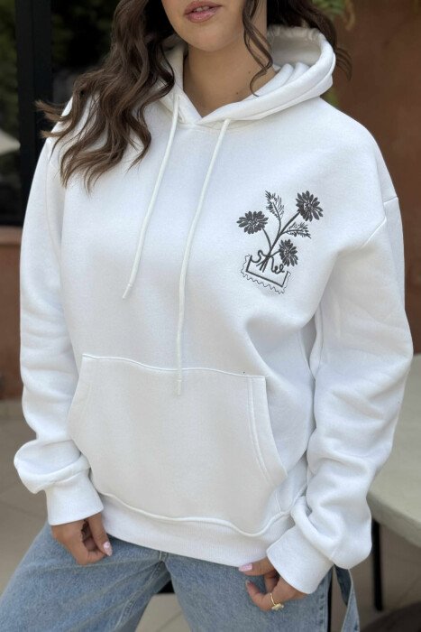 HOODIE ME PUSH DHE DIZAJN ME LULE TË QËNDISUR NË PJESËN PARA PËR FEMRA NË NGJYRË TË BARDHË - 5