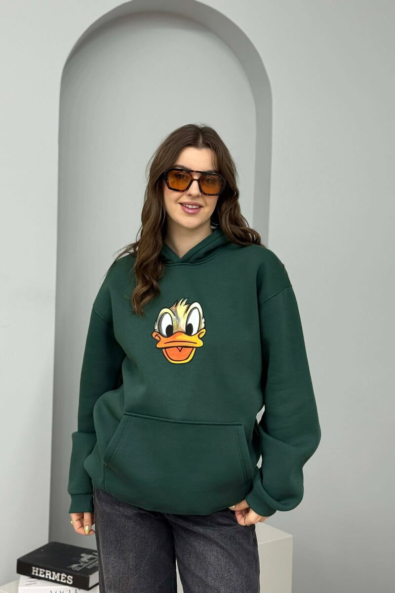 HOODIE ME PUSH DHE ME IMAZH ROSAKU NE PJESEN PARA PER FEMRA NE NGJYRE JESHILE - 1