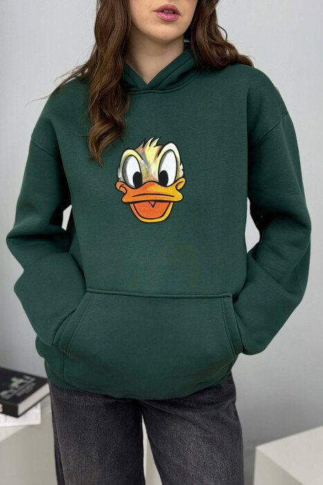 HOODIE ME PUSH DHE ME IMAZH ROSAKU NE PJESEN PARA PER FEMRA NE NGJYRE JESHILE - 3