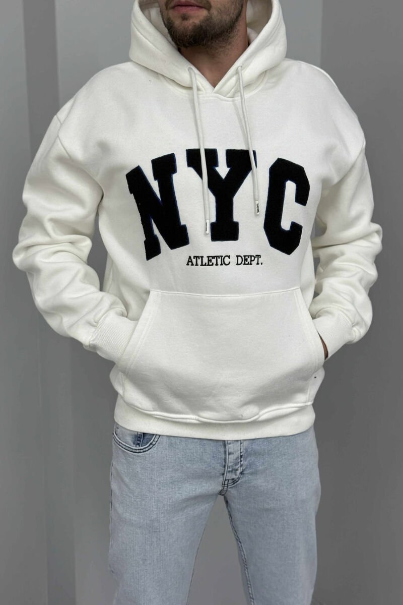 HOODIE ME PUSH DHE ME LOGO TË THJESHTË NYC PARA PËR MESHKUJ NË NGJYRËN E BARDHË - 1