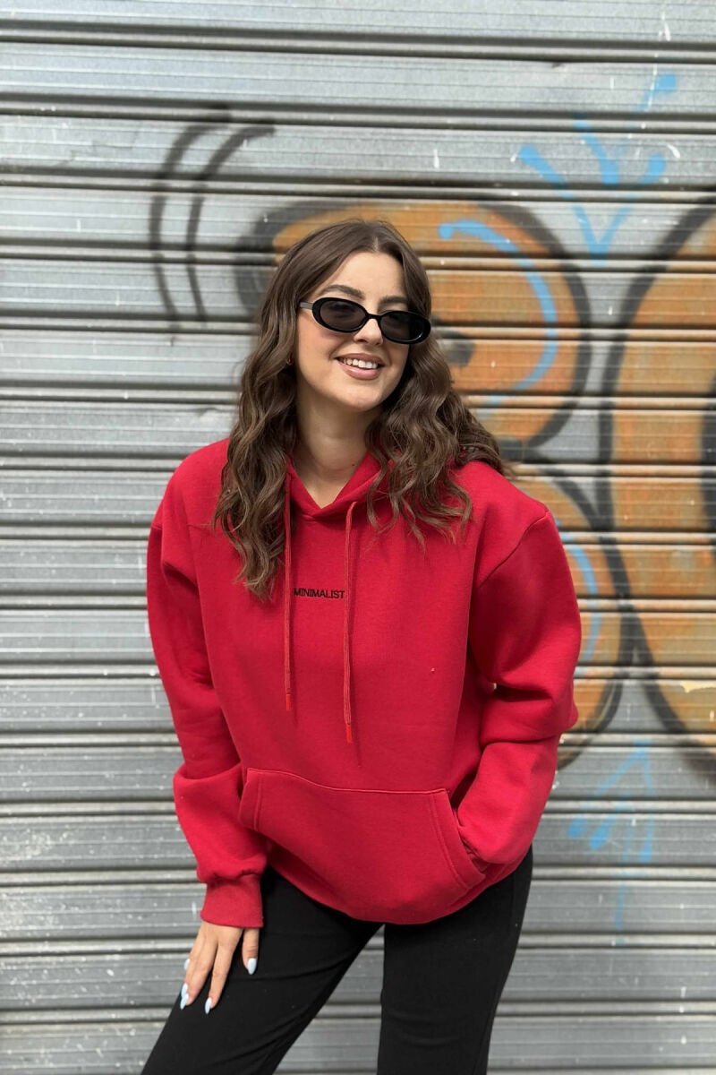 HOODIE ME PUSH DHE SHKRIM MINIMALIST NË PJESEN PARA PËR FEMRA NË NGJYRË TË KUQE - 2