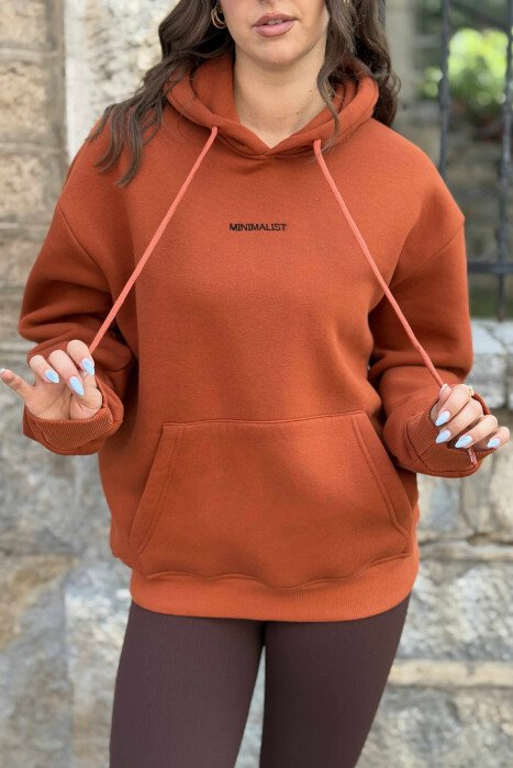 HOODIE ME PUSH DHE SHKRIM MINIMALIST NË PJESEN PARA PËR FEMRA NË NGJYRË TULLE - 5