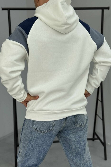 HOODIE ME PUSH DHE ME SHKRIM TË THJESHTË NË PJESËN PARA PËR MESHKUJ NË NGJYRË TË BARDHË - 3