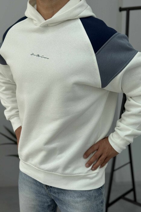 HOODIE ME PUSH DHE ME SHKRIM TË THJESHTË NË PJESËN PARA PËR MESHKUJ NË NGJYRË TË BARDHË - 5