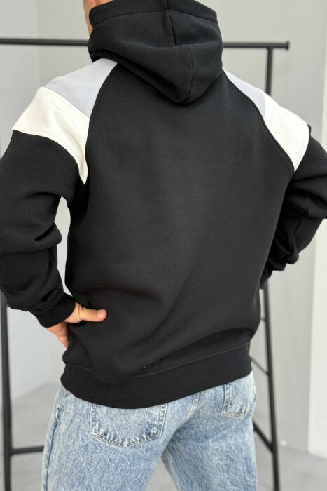HOODIE ME PUSH DHE ME SHKRIM TË THJESHTË NË PJESËN PARA PËR MESHKUJ NË NGJYRË TË ZEZË - 3