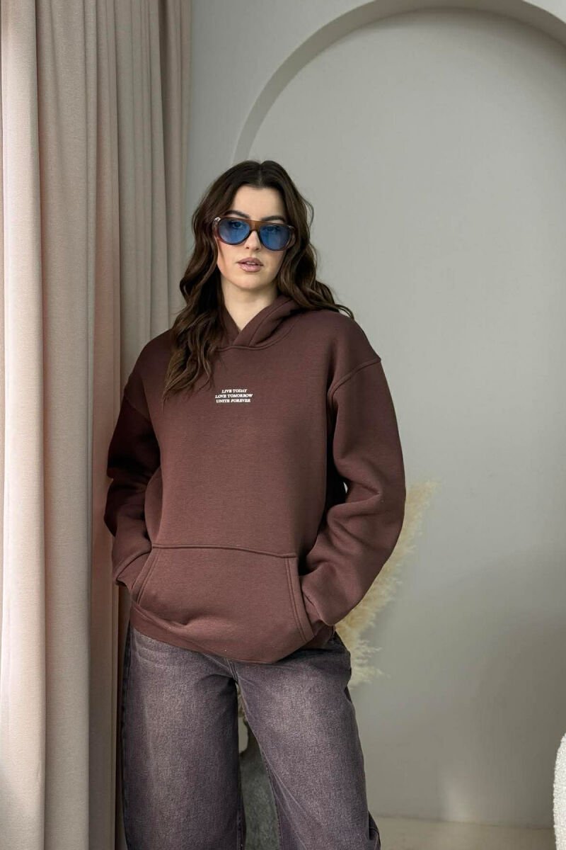 HOODIE ME PUSH DHE SHKRIME NE PJESEN PARA PER FEMRA NE NGJYRE KAFE TE ERRET - 1