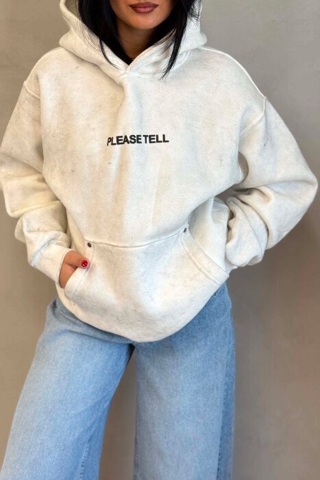HOODIE ME PUSH DHE SHKRIME PER FEMRA NE NGJYRE GRI TE ZBARDHUR - KLAUDIO FASHION
