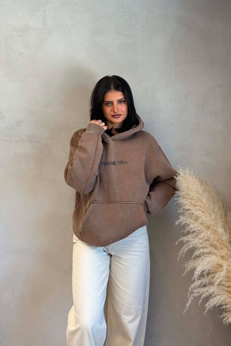 HOODIE ME PUSH DHE SHKRIME PER FEMRA NE NGJYRE KAFE - 7