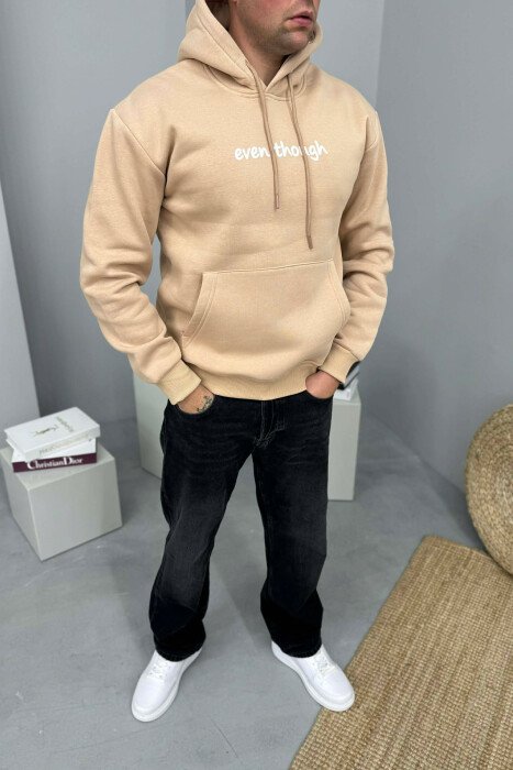HOODIE ME PUSH SHKRIM PARA DHE ME DIZAJN MBRAPA PËR MESHKUJ NË NGJYRE BEZHE - 2