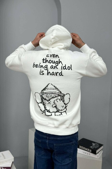 HOODIE ME PUSH SHKRIM PARA DHE ME DIZAJN MBRAPA PËR MESHKUJ NË NGJYRE TE BARDHE - 3